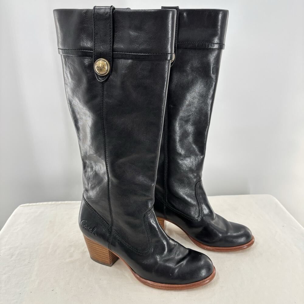 Coach Fayth Boots Women’s 5B Q494 Black Leather Knee High Riding Block Heel